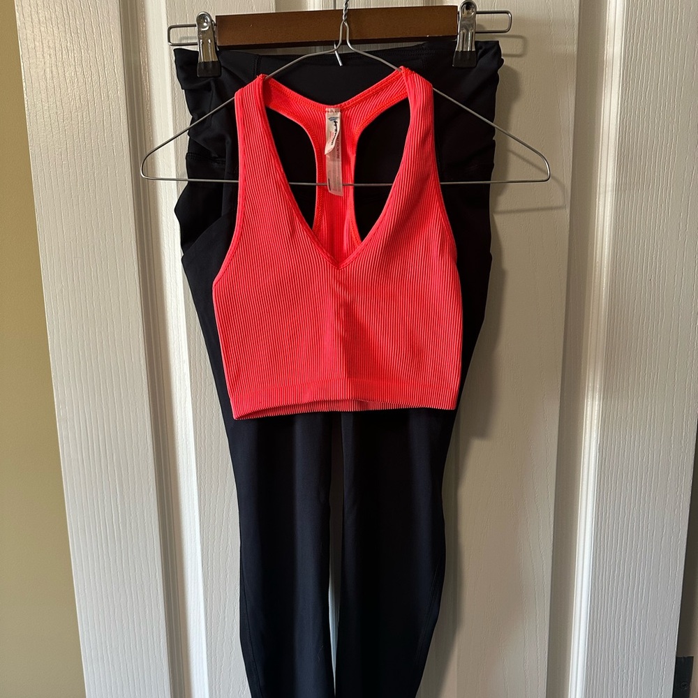 FP Movement by Free People Ribbed Racerback Sports Bra in Coral and Black